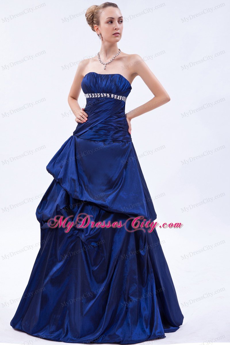 Royal Blue Taffeta Beading A-line Strapless Ruched Prom Gown Dress