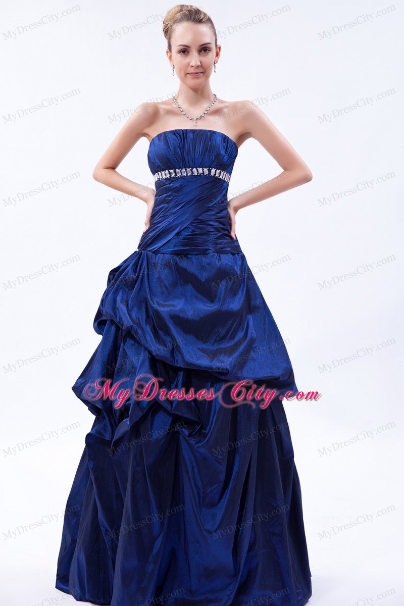 Royal Blue Taffeta Beading A-line Strapless Ruched Prom Gown Dress