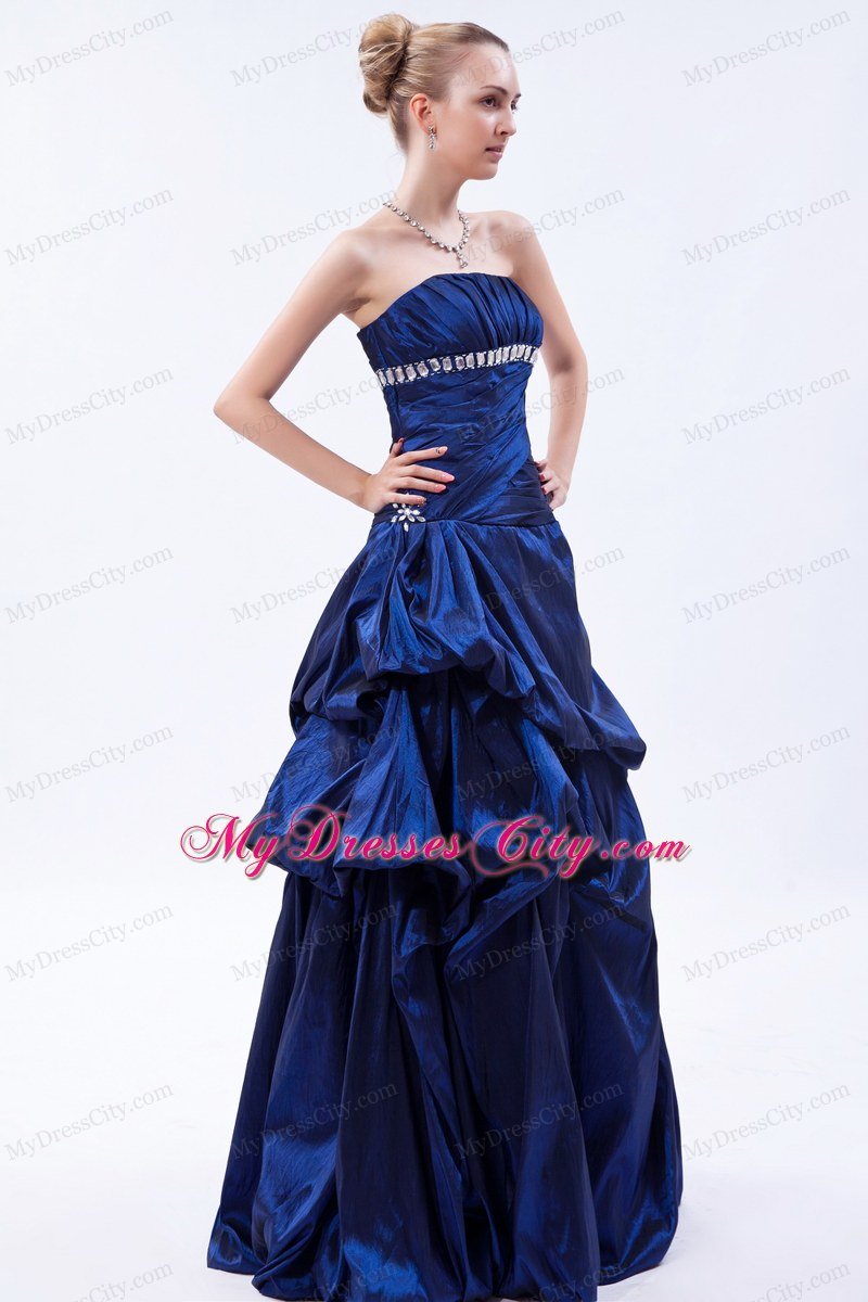 Royal Blue Taffeta Beading A-line Strapless Ruched Prom Gown Dress