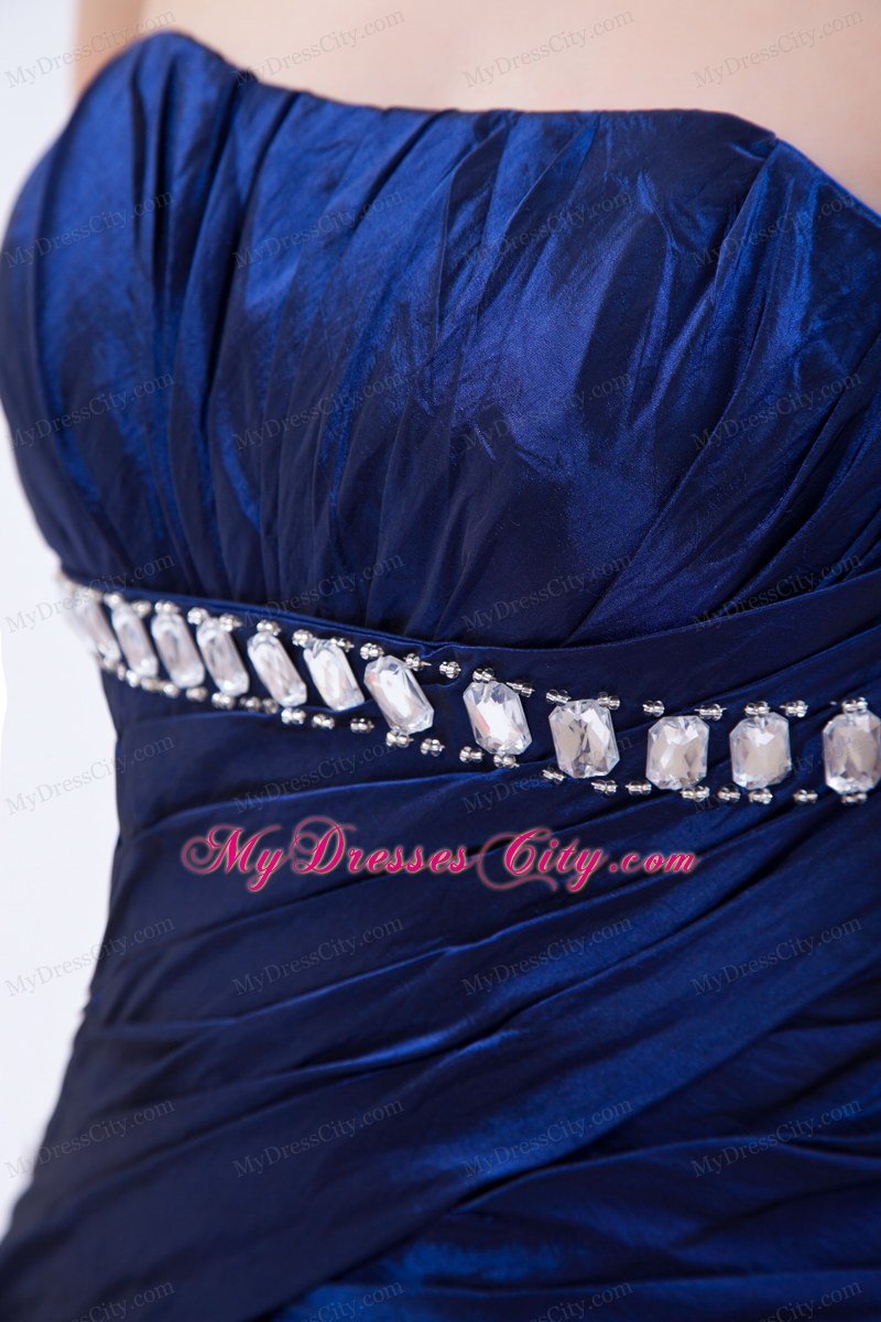 Royal Blue Taffeta Beading A-line Strapless Ruched Prom Gown Dress