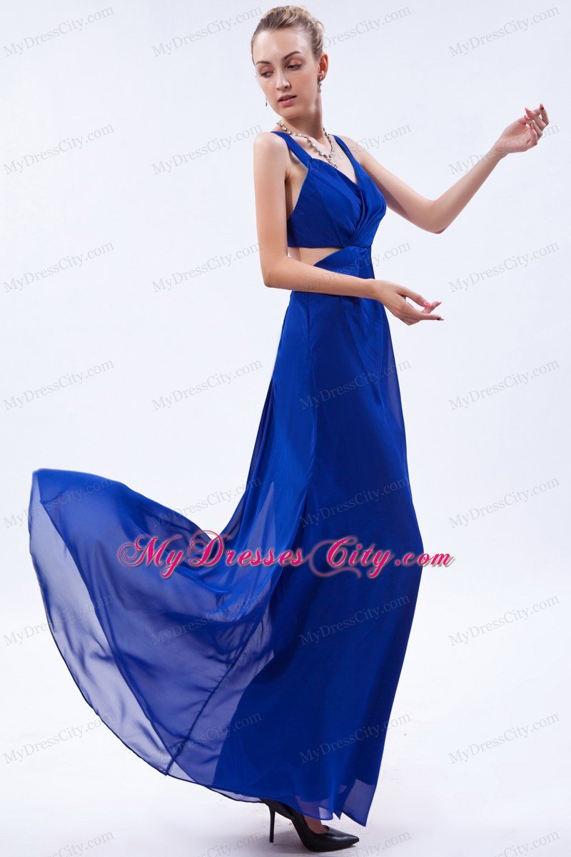 Chiffon Ruched Empire Straps Royal Blue Prom Dress with Cut Outs