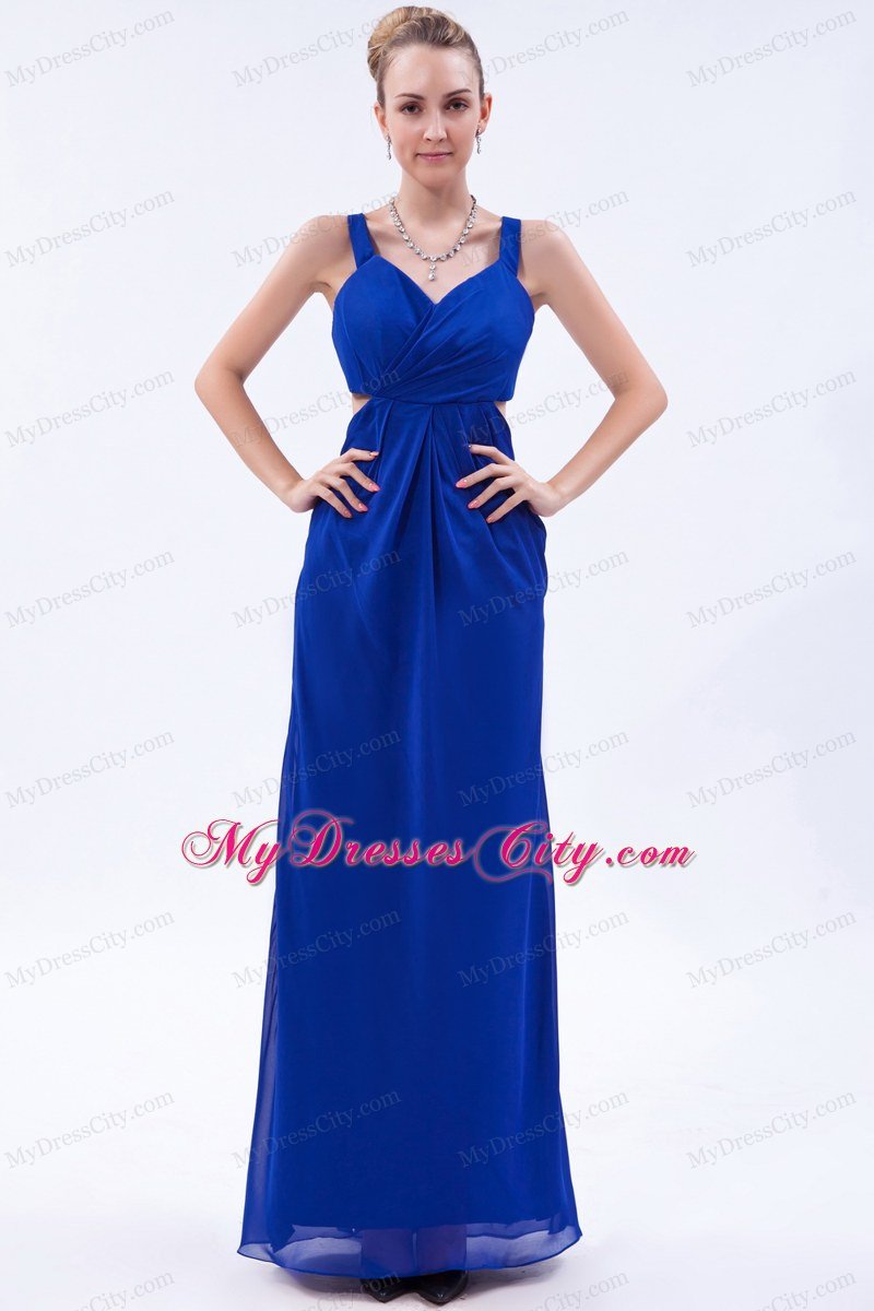 Chiffon Ruched Empire Straps Royal Blue Prom Dress with Cut Outs