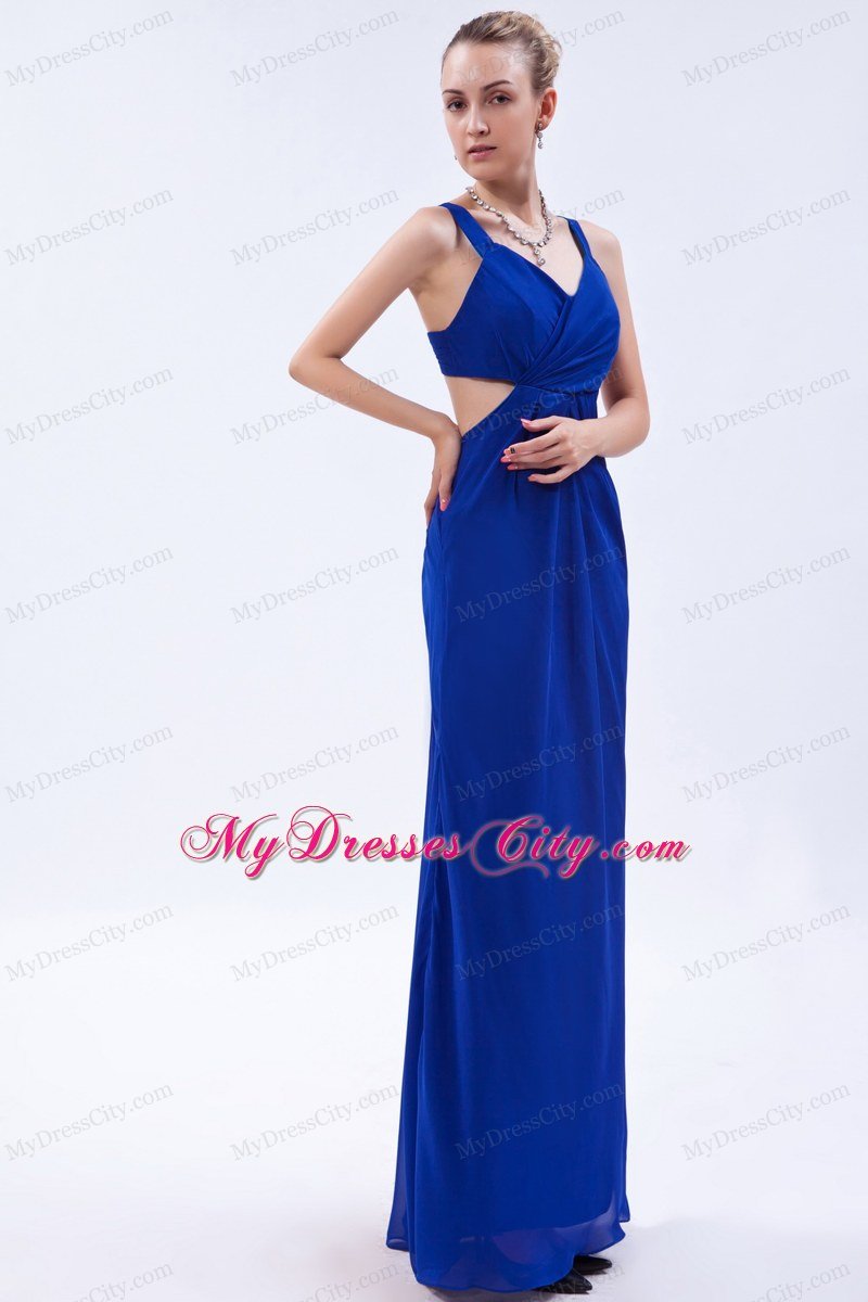 Chiffon Ruched Empire Straps Royal Blue Prom Dress with Cut Outs