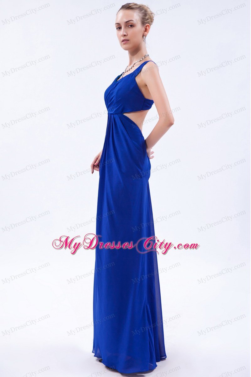 Chiffon Ruched Empire Straps Royal Blue Prom Dress with Cut Outs