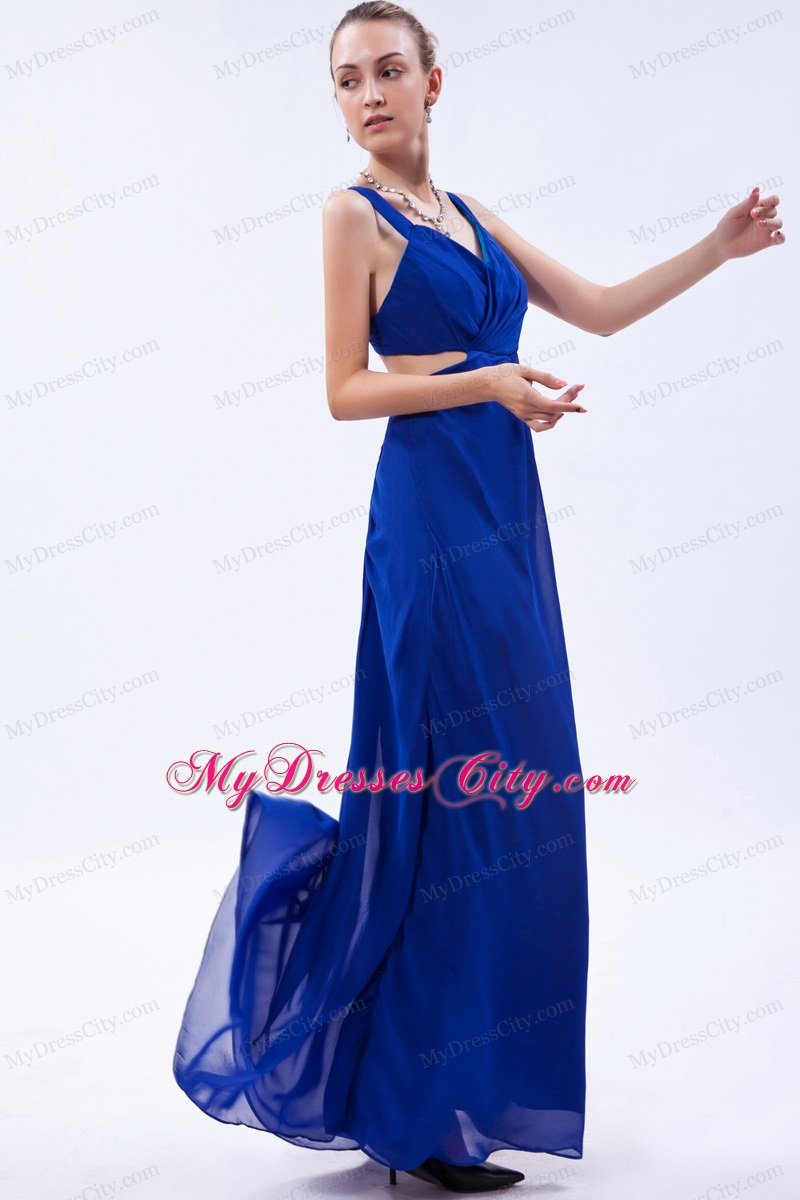 Chiffon Ruched Empire Straps Royal Blue Prom Dress with Cut Outs