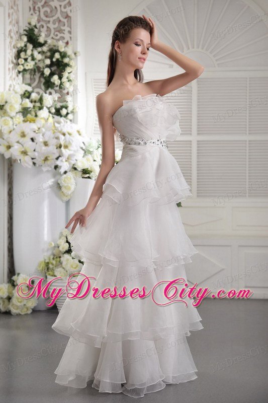 Ruffles Layers Strapless Organza Beading and Ruches White Prom Dress