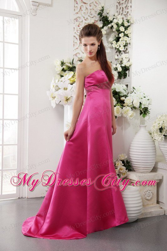 Hot Pink A-Line Strapless Brush Train Beading Prom Dress for Women