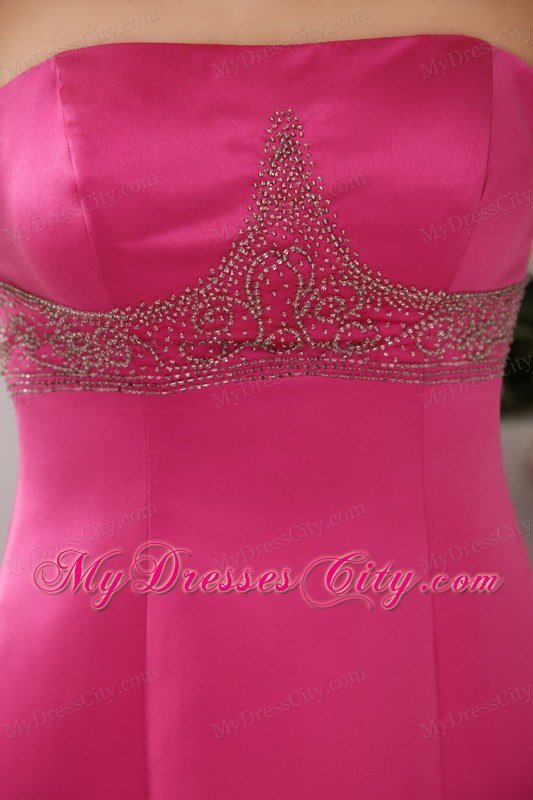 Hot Pink A-Line Strapless Brush Train Beading Prom Dress for Women