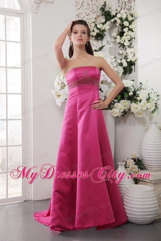 Hot Pink A-Line Strapless Brush Train Beading Prom Dress for Women