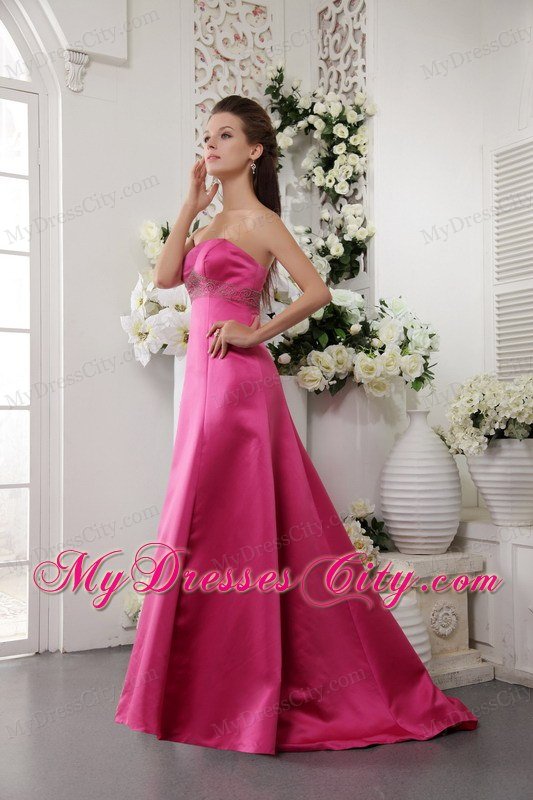 Hot Pink A-Line Strapless Brush Train Beading Prom Dress for Women