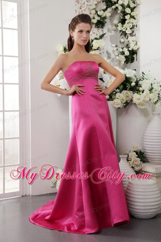 Hot Pink A-Line Strapless Brush Train Beading Prom Dress for Women