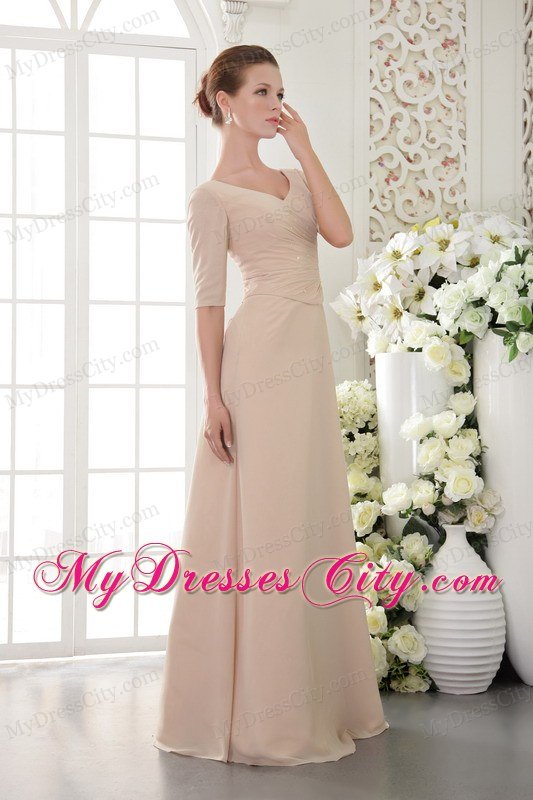 Half Sleeves V-neck Beading Ruched Champagne Prom Dress 2013