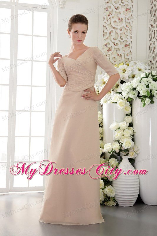 Half Sleeves V-neck Beading Ruched Champagne Prom Dress 2013