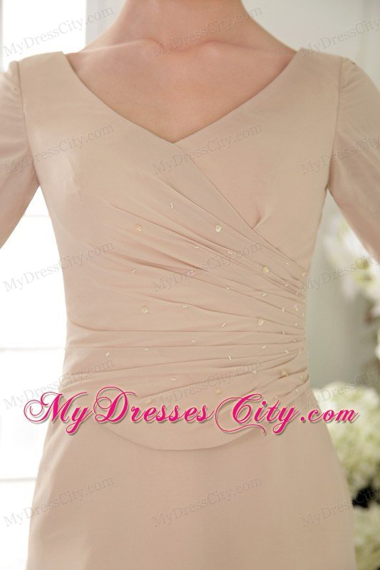 Half Sleeves V-neck Beading Ruched Champagne Prom Dress 2013