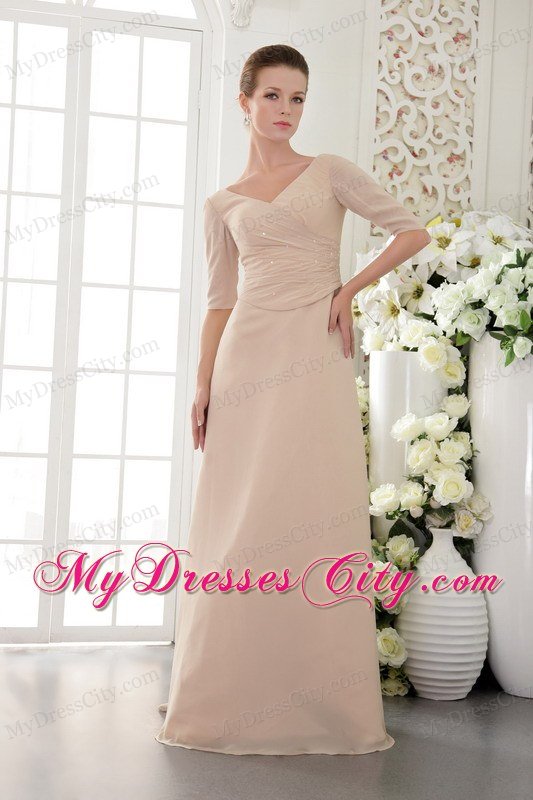 Half Sleeves V-neck Beading Ruched Champagne Prom Dress 2013