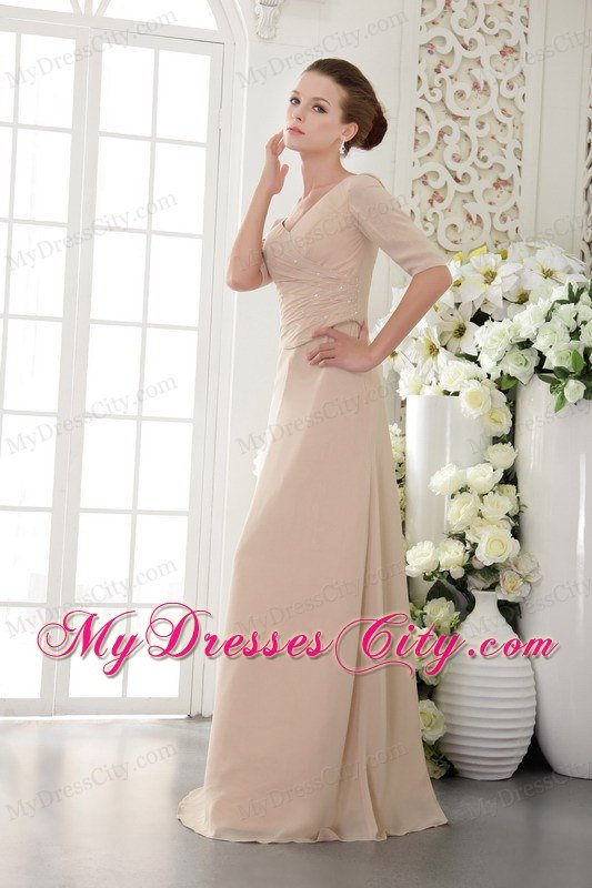 Half Sleeves V-neck Beading Ruched Champagne Prom Dress 2013