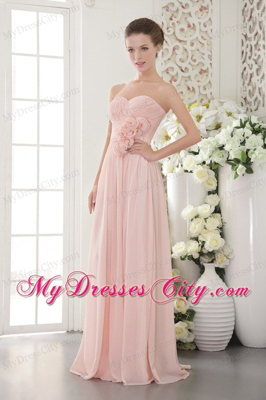 Handmade Flower Empire Sweetheart Chiffon 2013 Pink Prom Gown