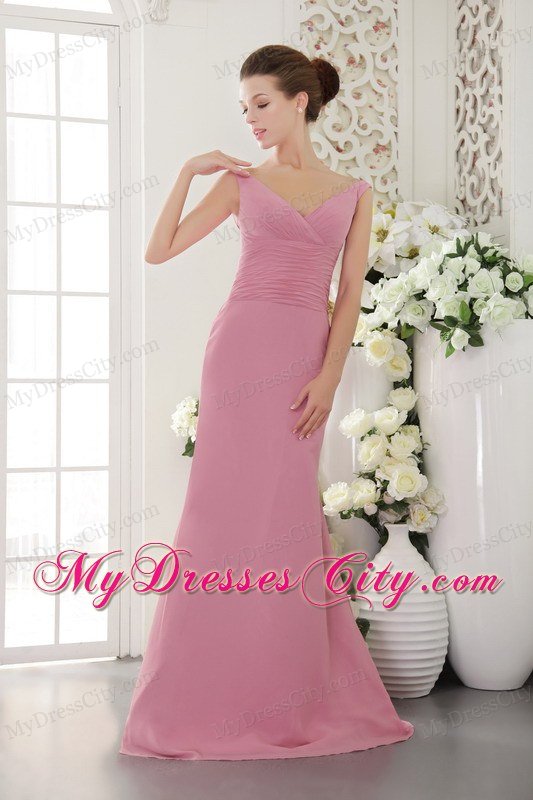 Column V-neck Sweep Train Chiffon Ruched Pink Prom Dress