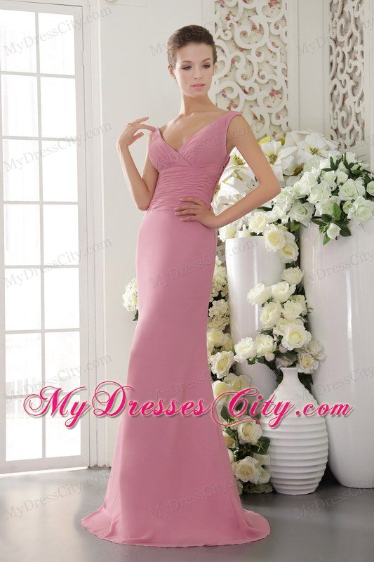 Column V-neck Sweep Train Chiffon Ruched Pink Prom Dress