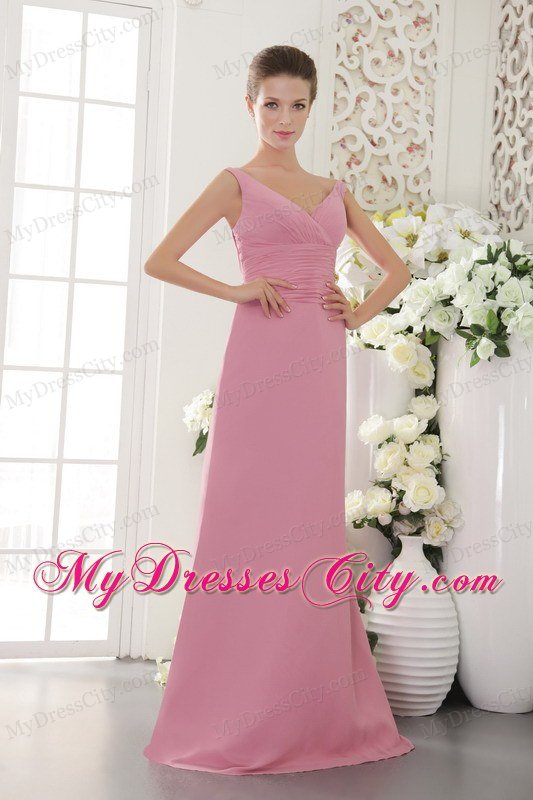 Column V-neck Sweep Train Chiffon Ruched Pink Prom Dress