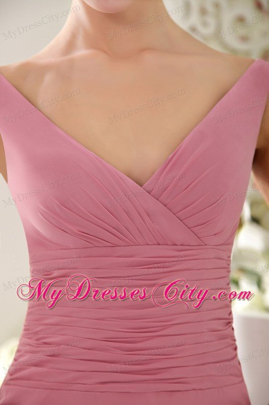 Column V-neck Sweep Train Chiffon Ruched Pink Prom Dress