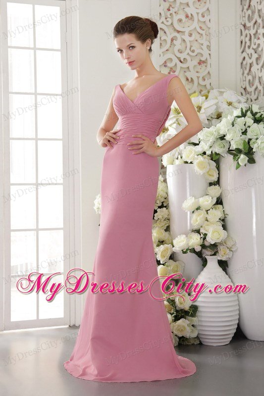 Column V-neck Sweep Train Chiffon Ruched Pink Prom Dress