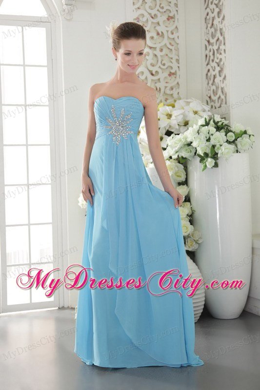 Chiffon Empire Sweetheart Ruched Beading Aqua Blue Prom Dress