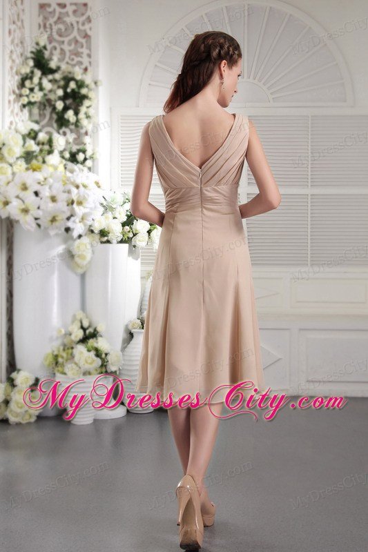 Tea-length Empire V-neck Champagne Prom Dress for Girls