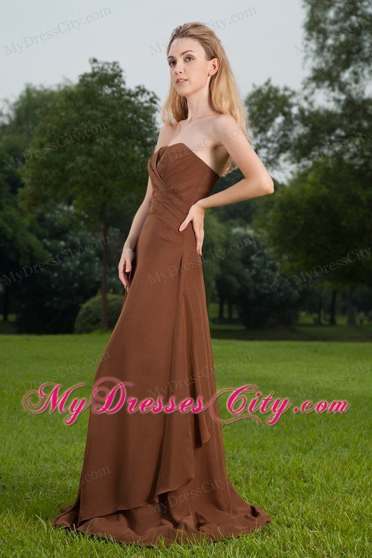 Lace Up Strapless Brush Train Ruches Chiffon Brown Prom Dress