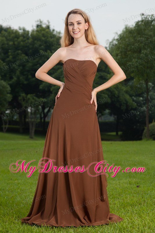 Lace Up Strapless Brush Train Ruches Chiffon Brown Prom Dress