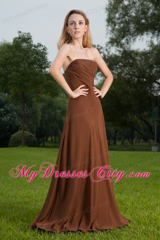 Lace Up Strapless Brush Train Ruches Chiffon Brown Prom Dress