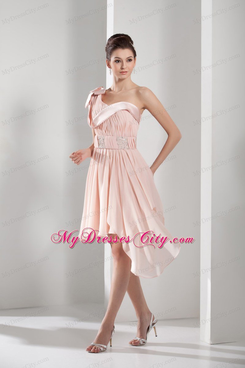 Asymmetrical Length Beading One Shoulder Ruched Short Prom Dress