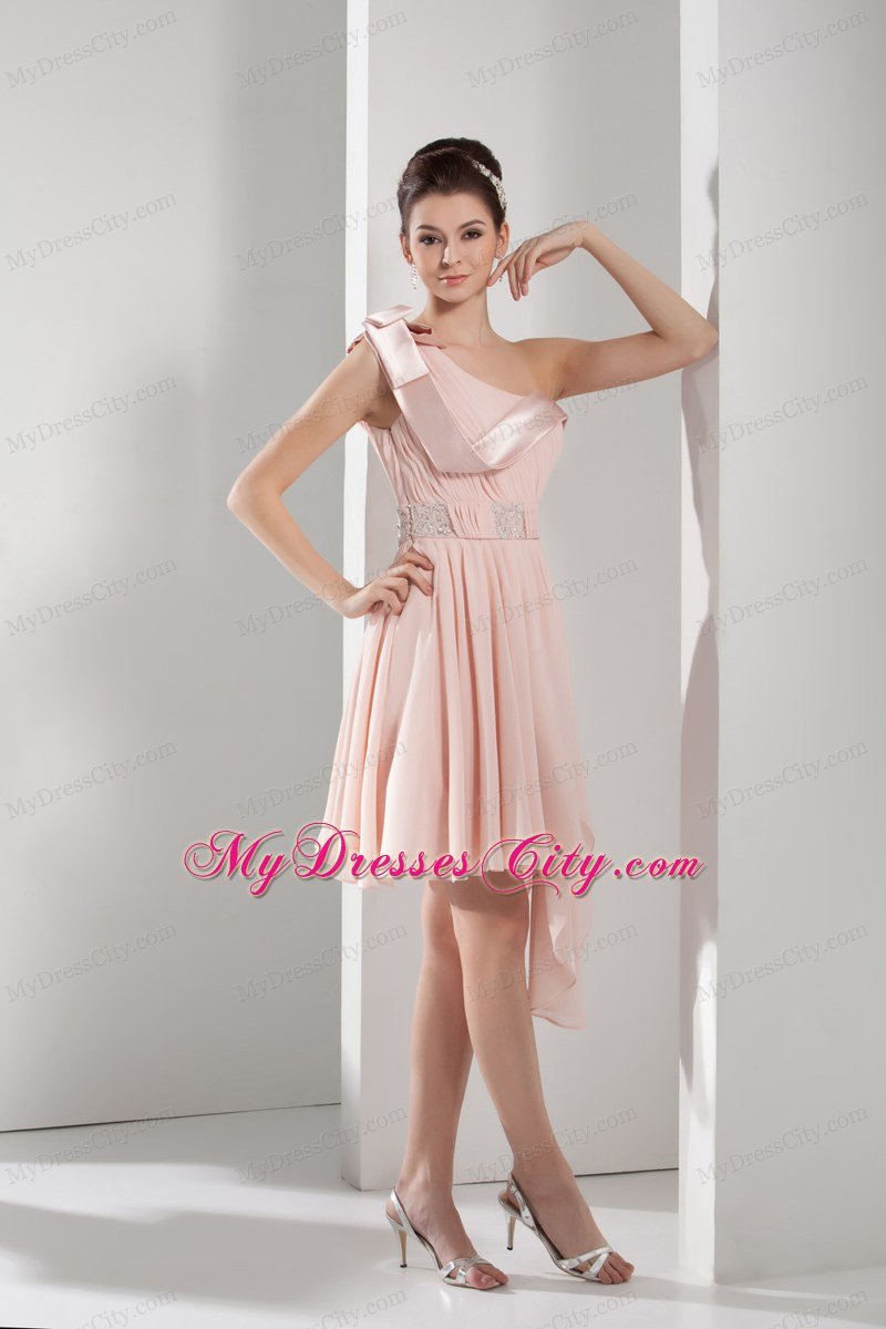 Asymmetrical Length Beading One Shoulder Ruched Short Prom Dress