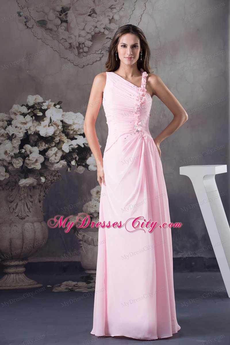 Ruched Chiffon Beading Pink Prom Dress with Floral Embellishment