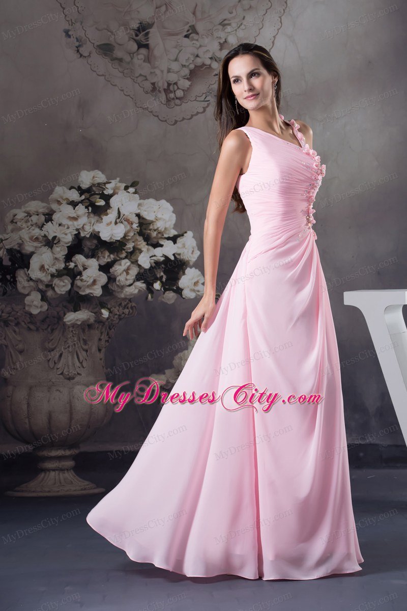 Ruched Chiffon Beading Pink Prom Dress with Floral Embellishment