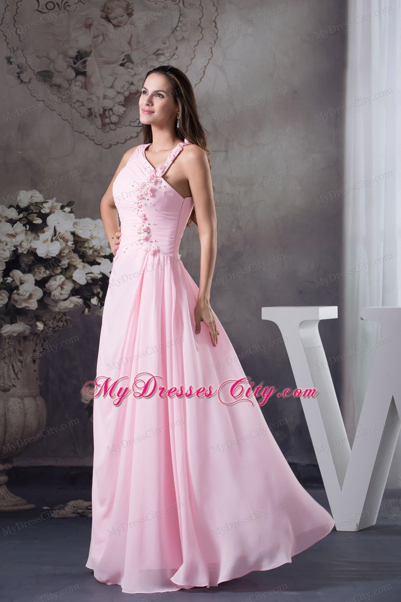 Ruched Chiffon Beading Pink Prom Dress with Floral Embellishment