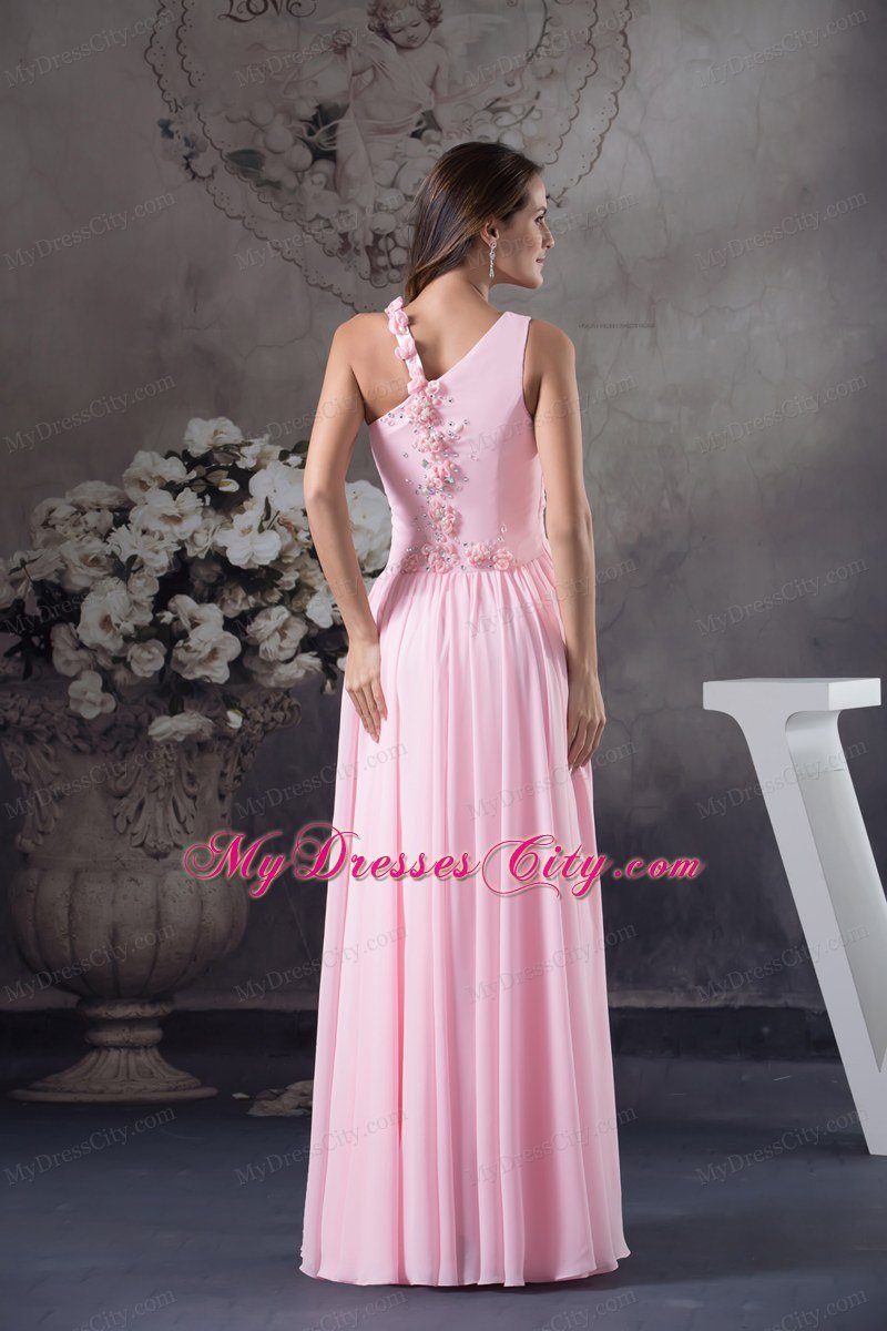 Ruched Chiffon Beading Pink Prom Dress with Floral Embellishment