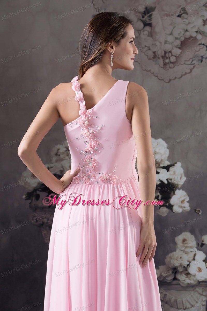 Ruched Chiffon Beading Pink Prom Dress with Floral Embellishment