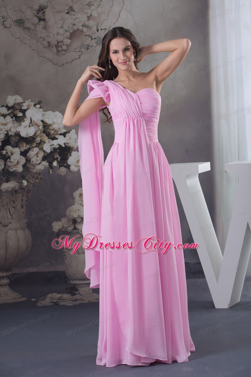 One Shoulder Ruching Chiffon Watteau Train long Pink Prom Dress 2013