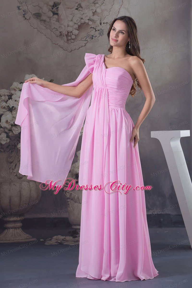 One Shoulder Ruching Chiffon Watteau Train long Pink Prom Dress 2013