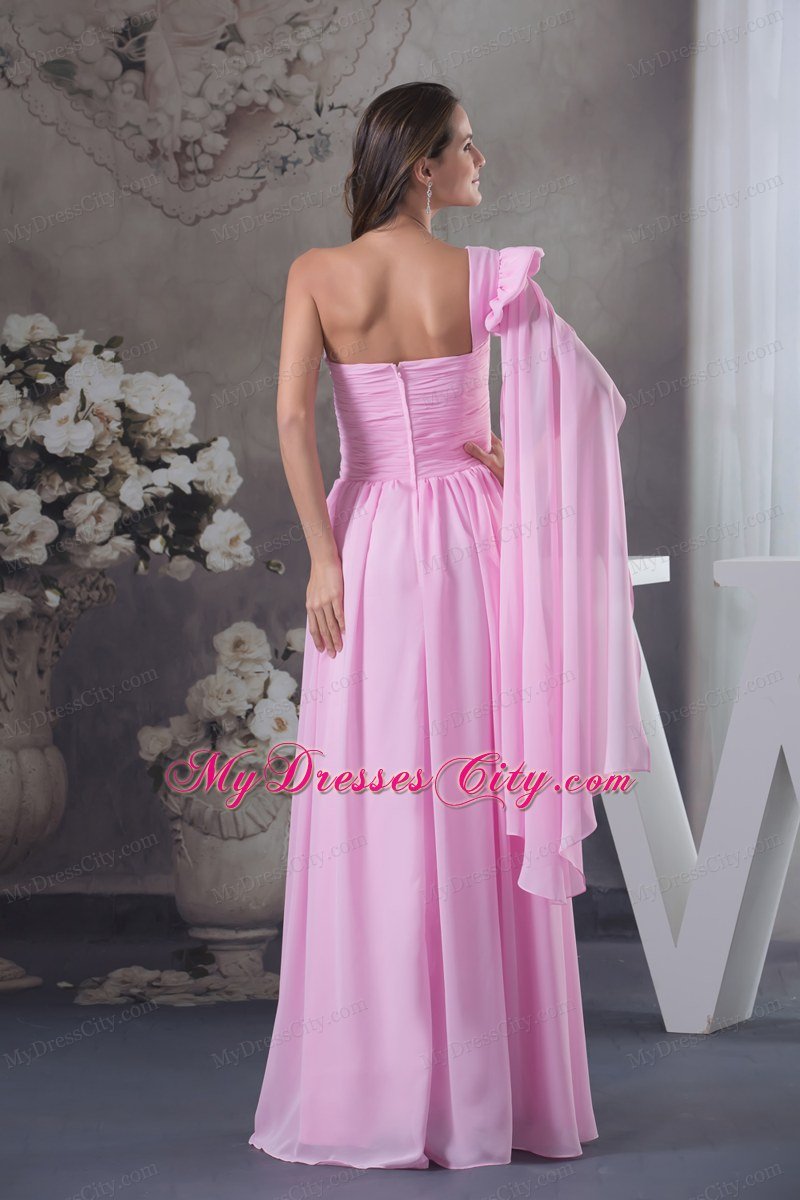 One Shoulder Ruching Chiffon Watteau Train long Pink Prom Dress 2013