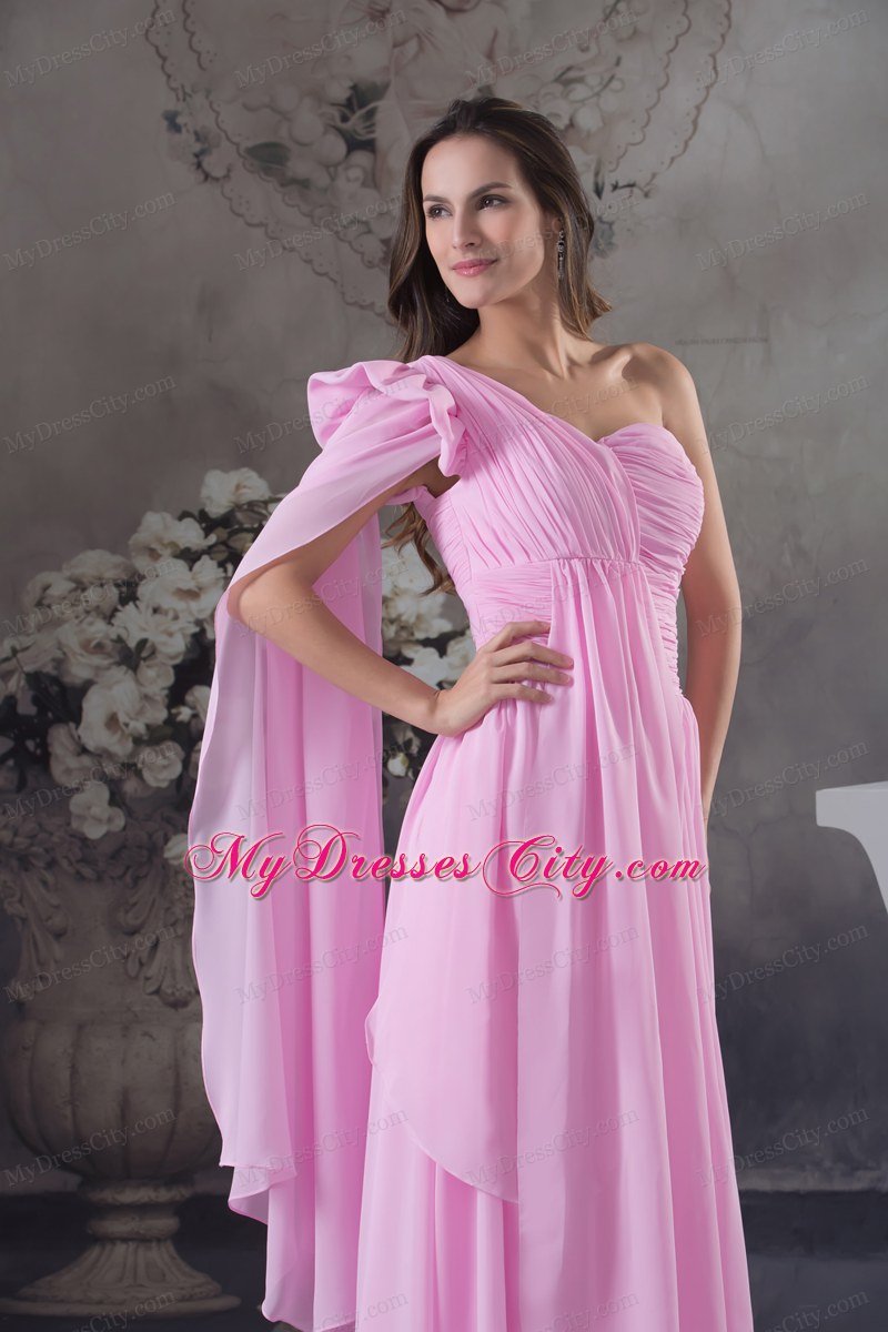 One Shoulder Ruching Chiffon Watteau Train long Pink Prom Dress 2013