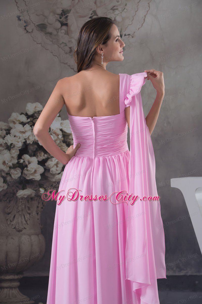 One Shoulder Ruching Chiffon Watteau Train long Pink Prom Dress 2013