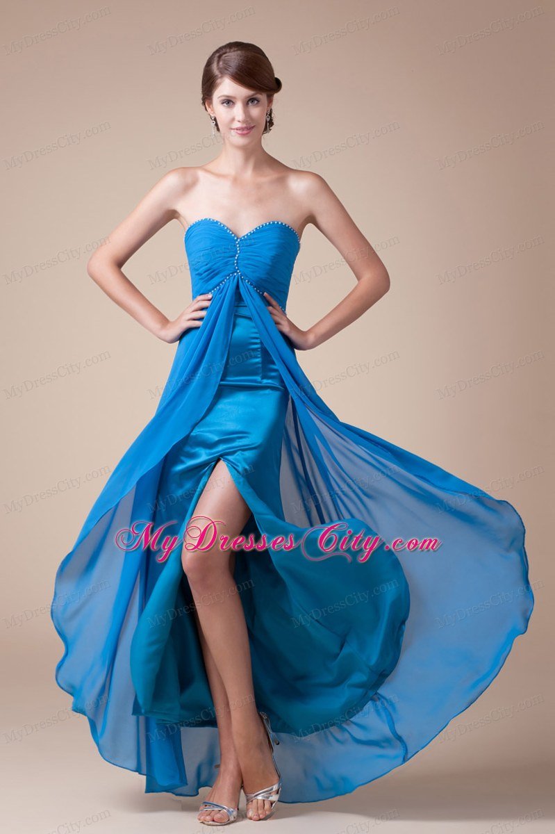 Chiffon Sweetheart Ankle-length Empire Beaded Prom Gowns with High Slits