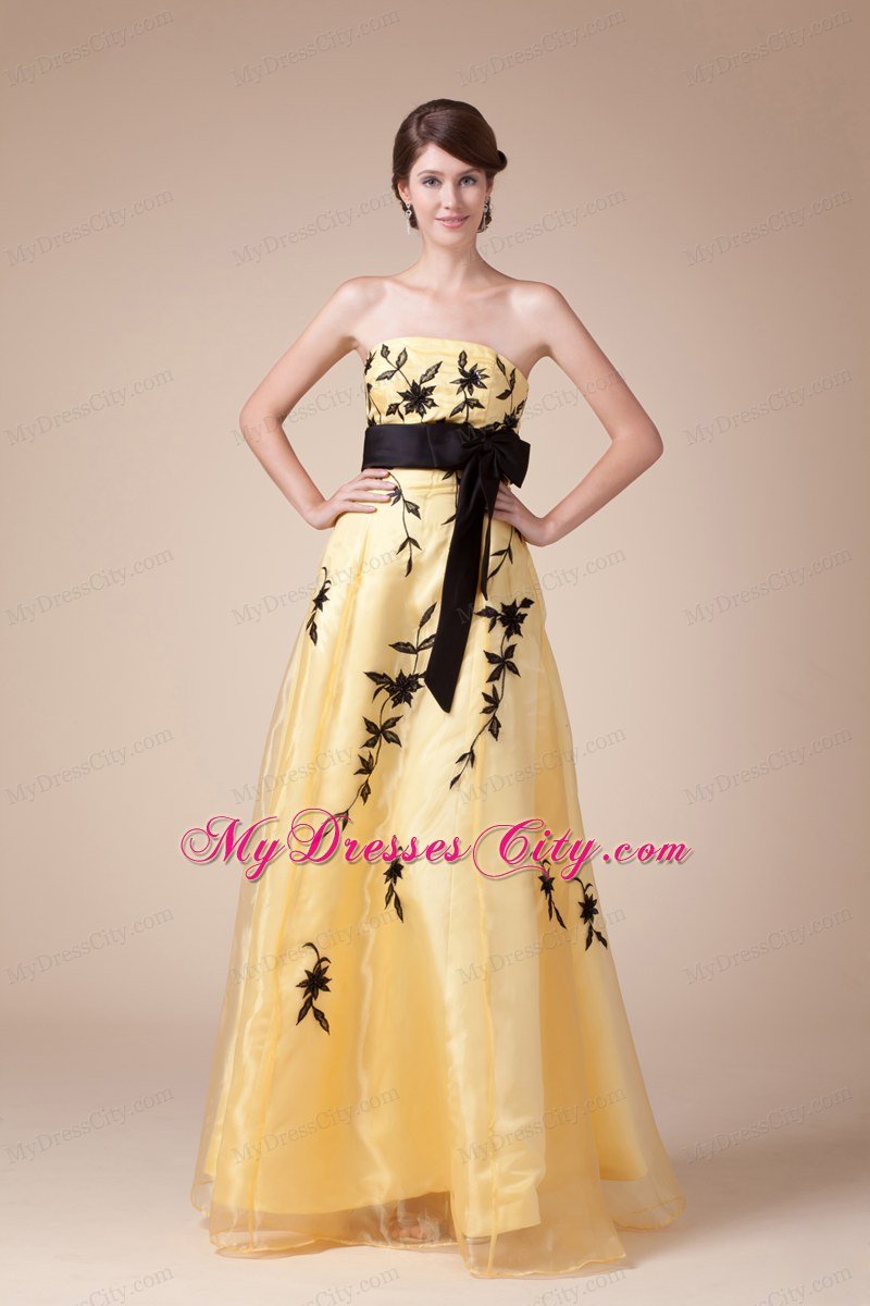 Exclusive Strapless Embroidery Yellow Prom Gown with Black Bowknot