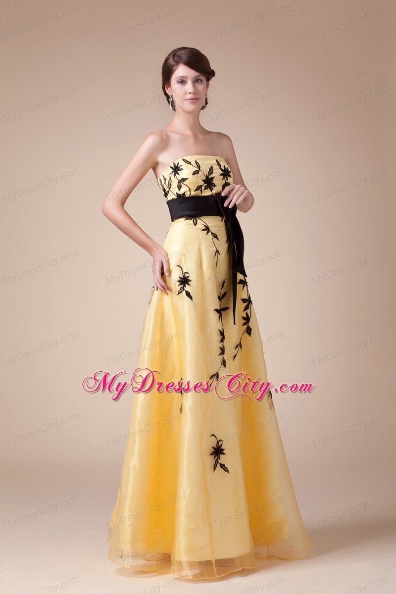 Exclusive Strapless Embroidery Yellow Prom Gown with Black Bowknot