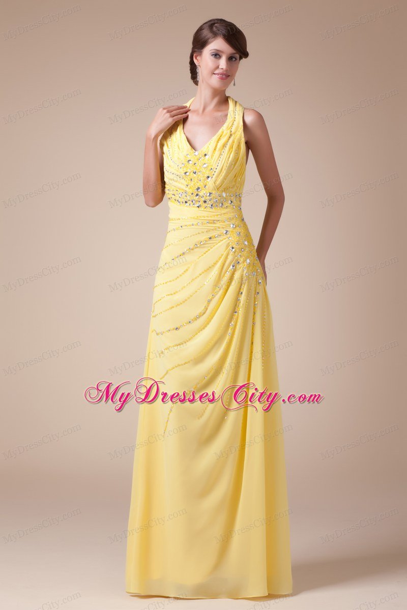 Halter Top Long Empire Beading Latest Yellow Prom Gowns