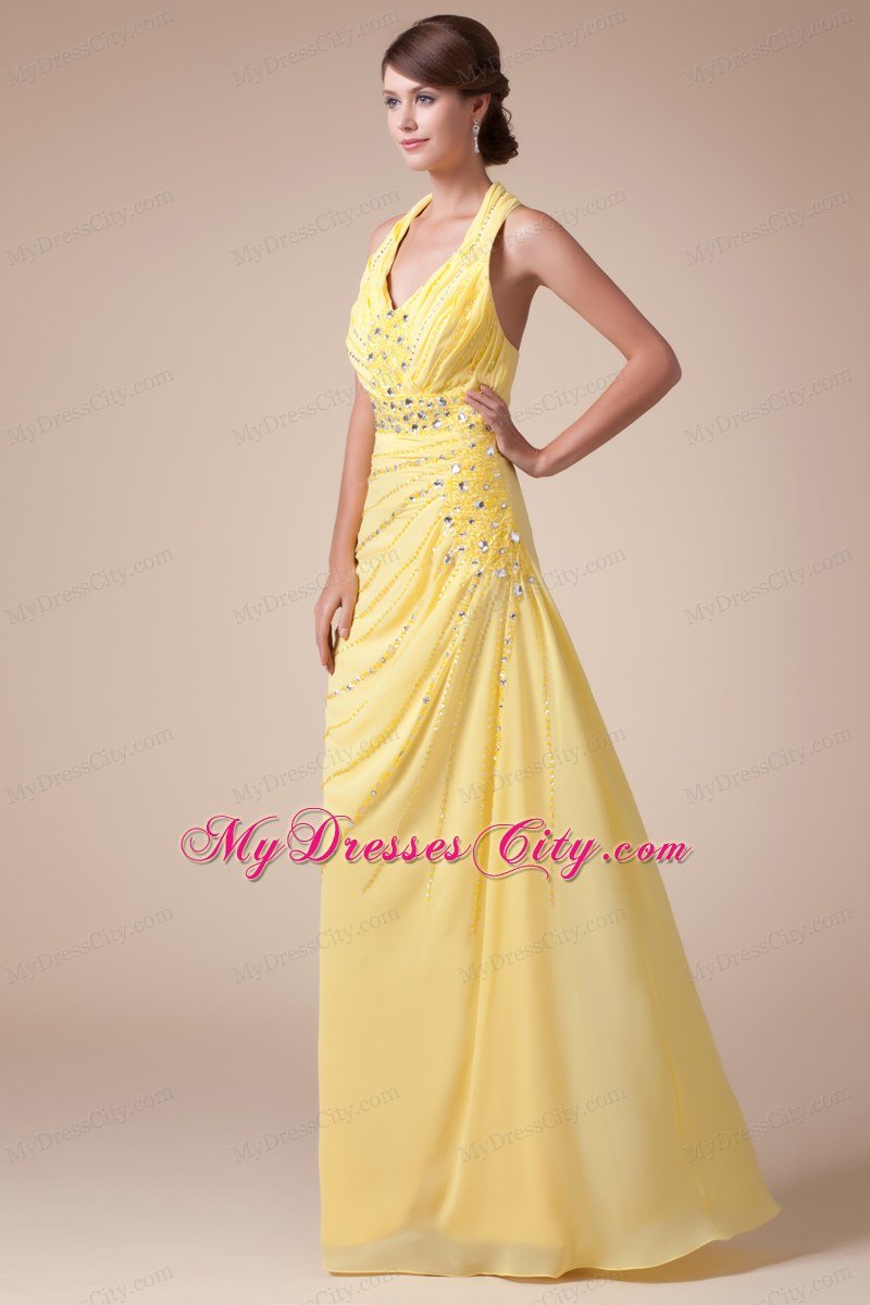 Halter Top Long Empire Beading Latest Yellow Prom Gowns