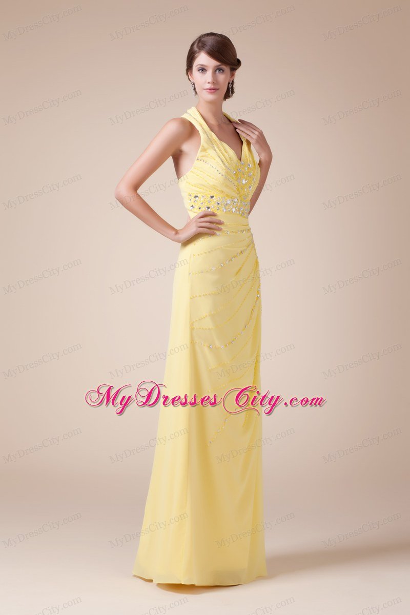 Halter Top Long Empire Beading Latest Yellow Prom Gowns