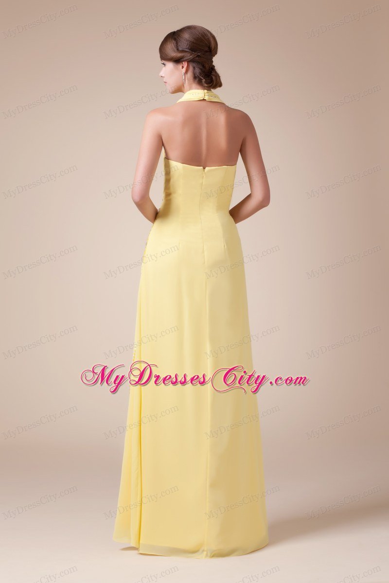 Halter Top Long Empire Beading Latest Yellow Prom Gowns